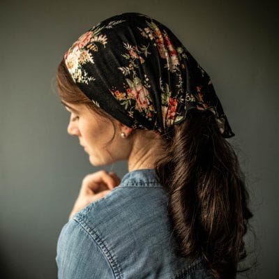 Suzanne’s Victorian Black Floral Trailride Headcovering