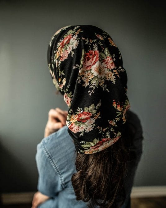 Victorian Black Floral Cowl Headcovering
