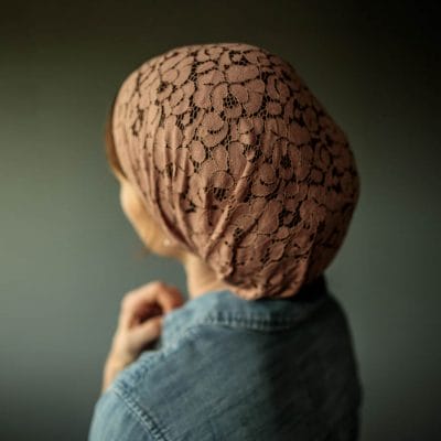 Meg’s Mauve Rose Lace Snood Covering