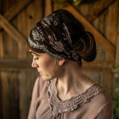 Cecily’s Delicate Espresso Shimmer Lace Headwrap